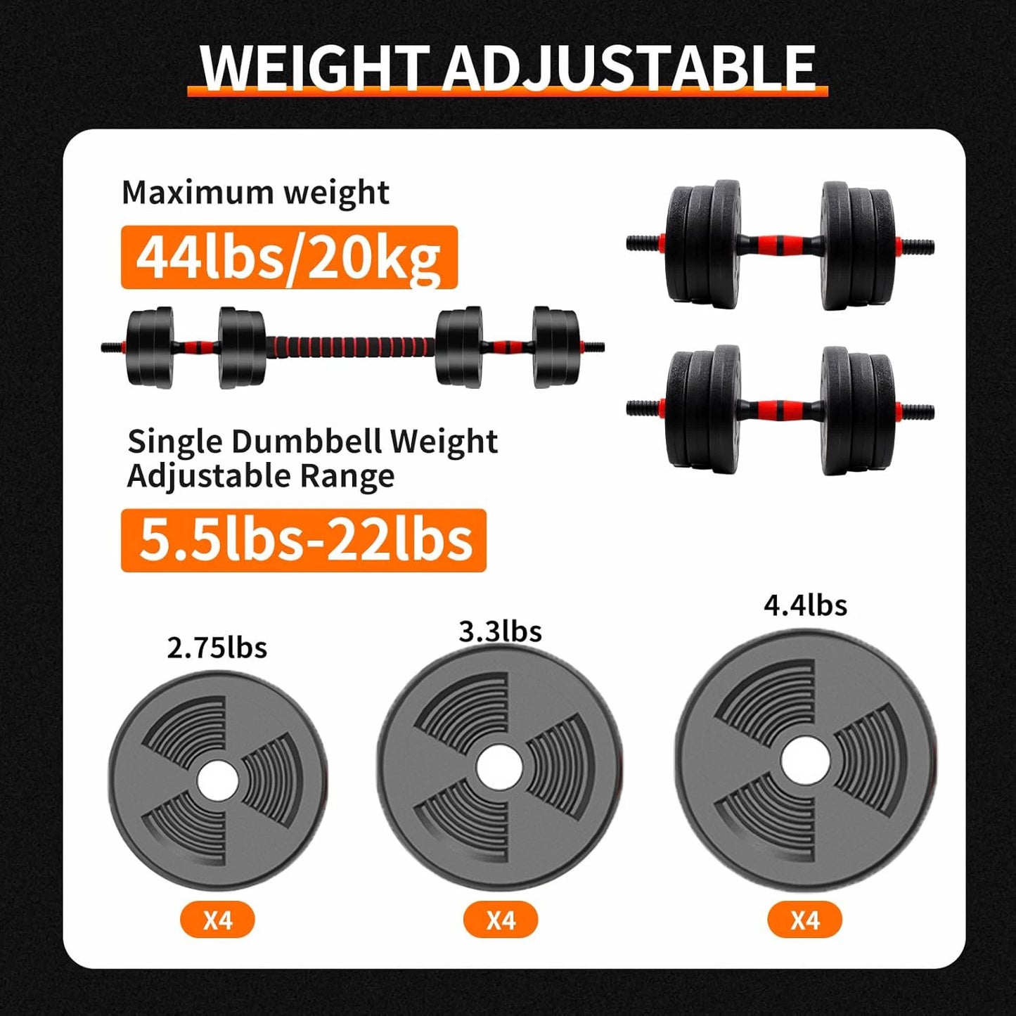 savy shopper spot adjustable dumbbell set 5-44lbs - barbell convert | home gym weight set | strength training dumbbells | adjustable fitness equipment | compact workout barbell & dumbbell set