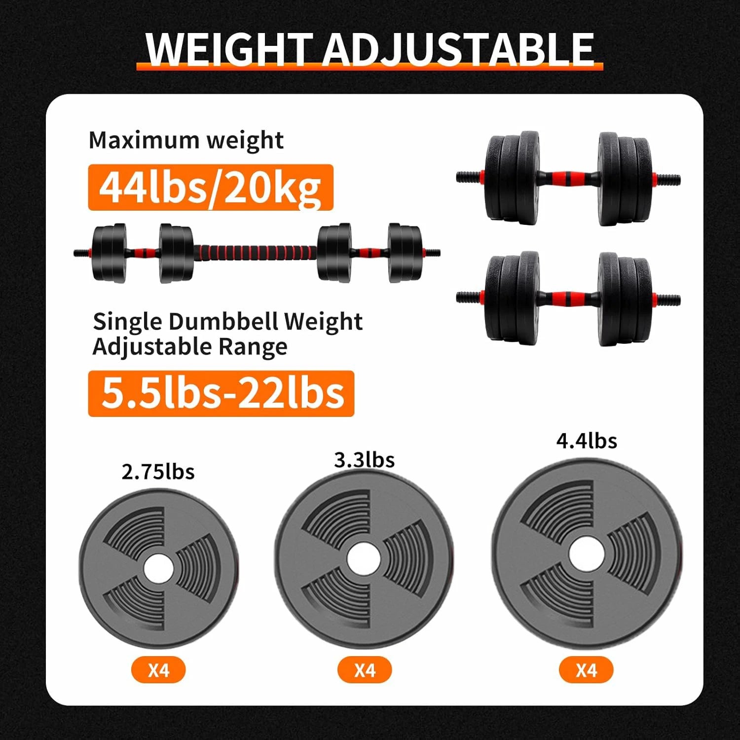 Savy Shopper Spot Adjustable Dumbbell Set 5-44lbs - Barbell Convert | Home Gym Weight Set | Strength Training Dumbbells | Adjustable Fitness Equipment | Compact Workout Barbell & Dumbbell Set